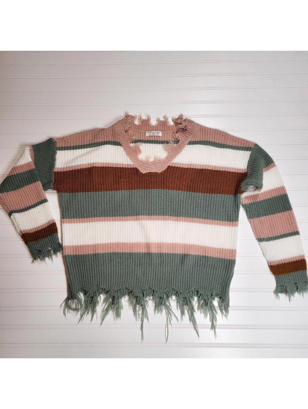 Full Circle Trends Cozy Striped Knit Sweater with Distressed Edges 1X
